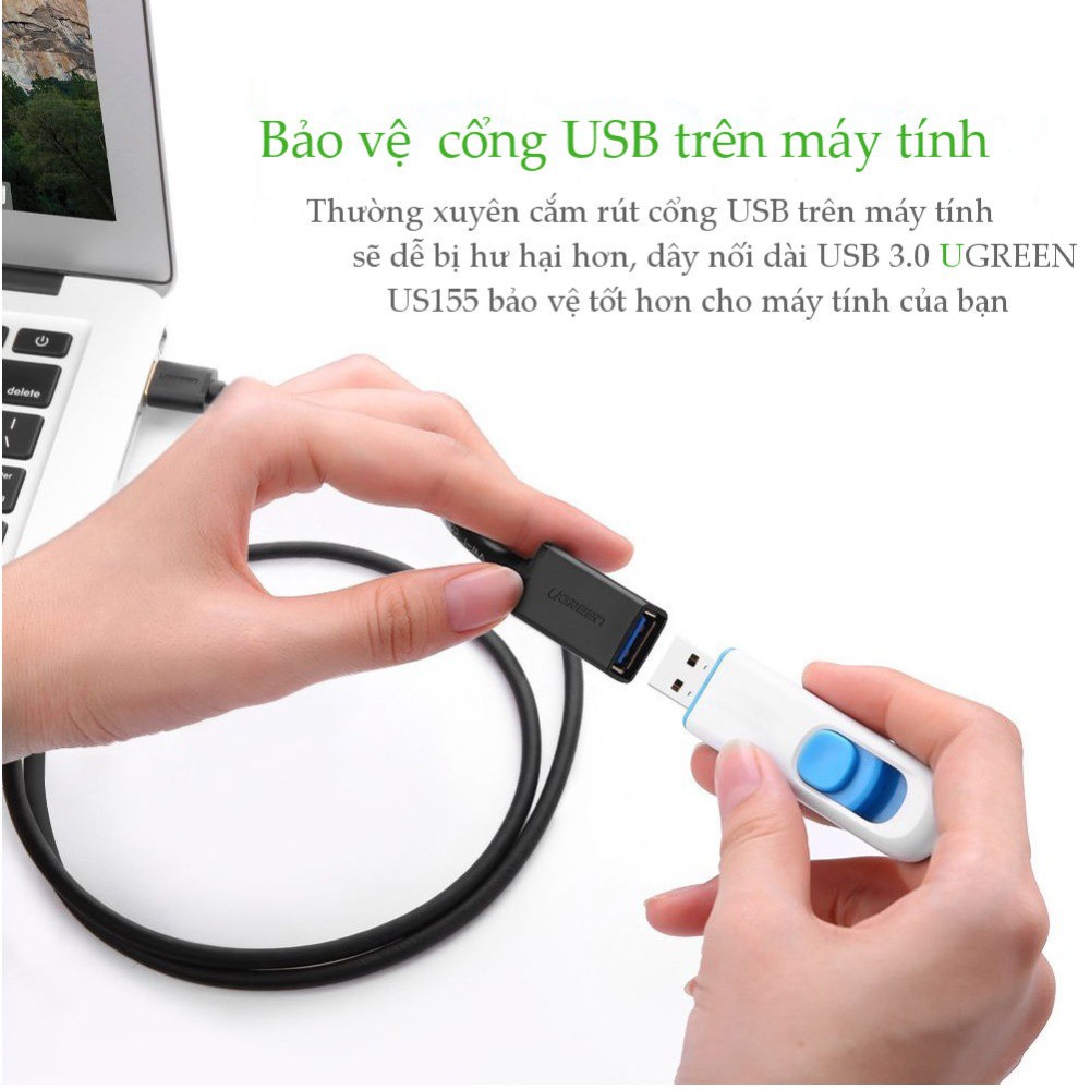 Dây nối dài USB 3.0 mạ vàng dài từ 1-3m UGREEN US129 dây dạng dẹt và tròn- Hàng phân phối chính hãng - Bảo hành 18 tháng