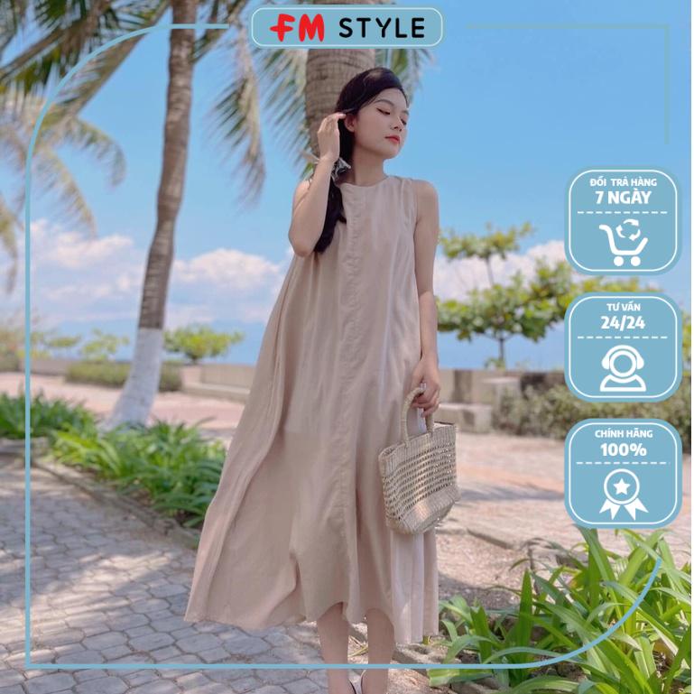 Váy nữ dáng dài suông sát nách sang chảnh fmstyle, đầm maxi đi biển cổ tròn nút sau | Fmstyle Shop 220401107