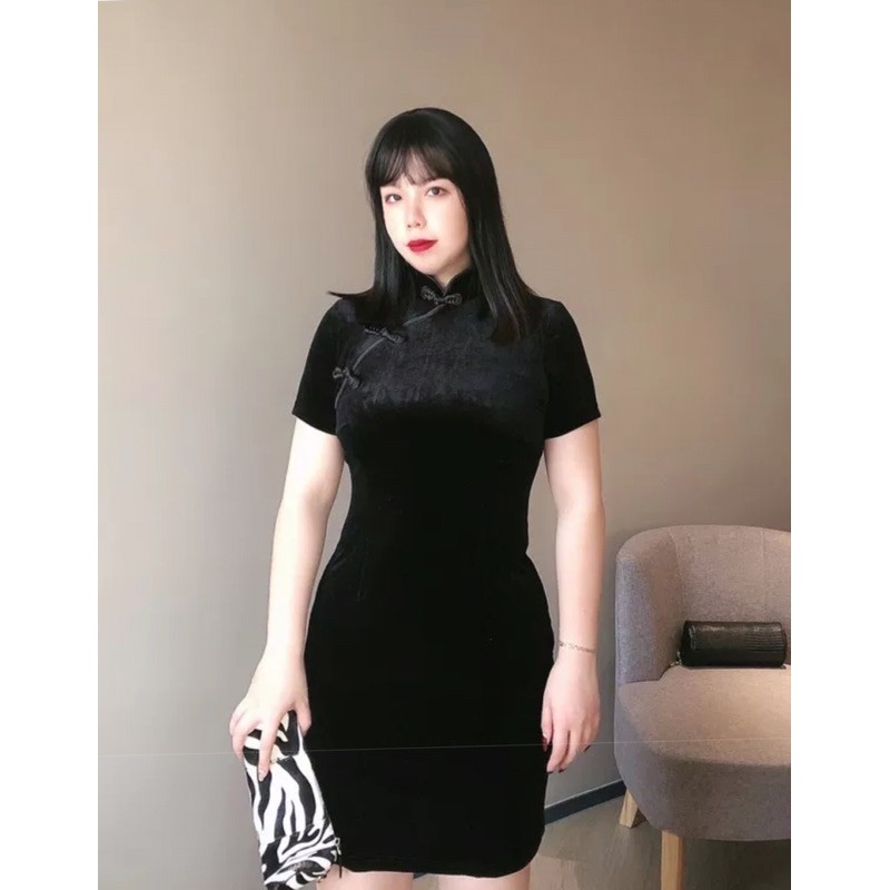 [Mã WAMT1505 giảm 10K đơn 0K] Đầm sườn xám cách tân mẫu ngắn nhung đen 40-70kg | BigBuy360 - bigbuy360.vn
