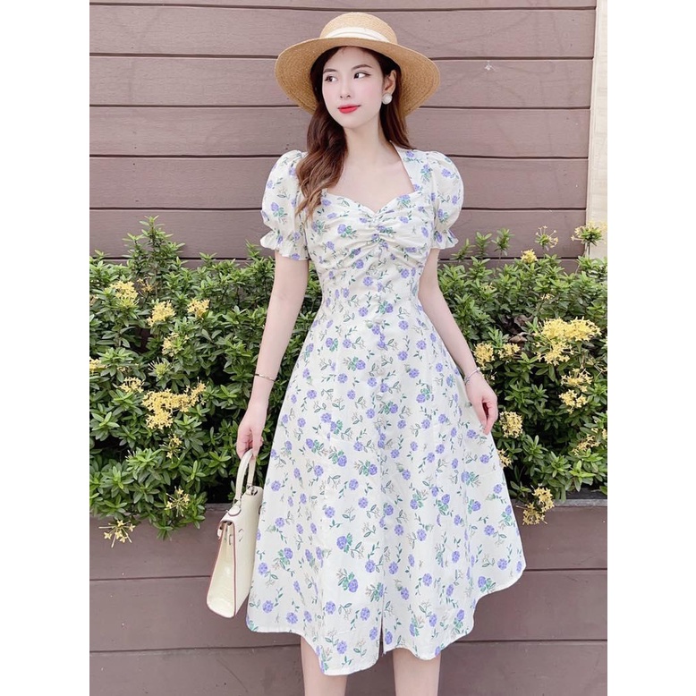 V94 | Váy thiết kế hoa nhí xanh tím cuộc tay nhún ngực siêu xinh | Tuli design