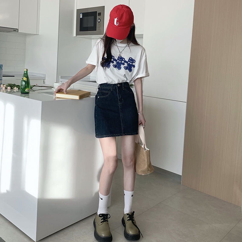 [MURIOKI] Chân váy jean Ngắn Lưng Cao Dáng Chữ A Màu Xanh Dương Đậm Phong Cách Hàn Quốc Thời Trang Cho Nữ