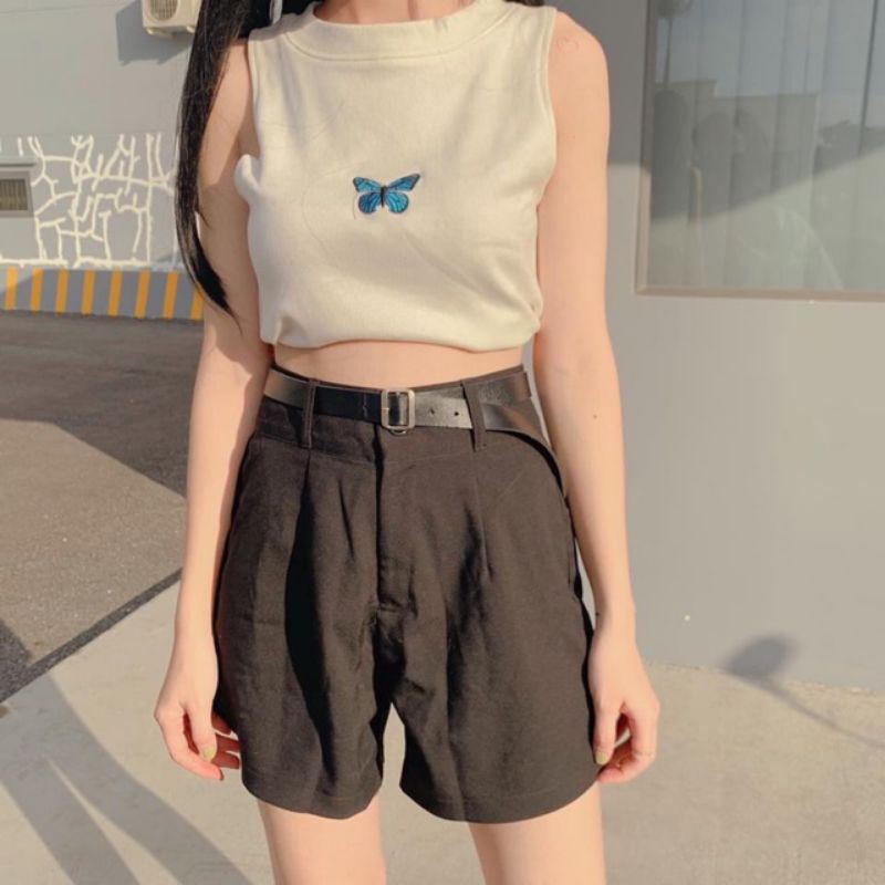 Áo Croptop Ba Lỗ Thêu Bướm Ulazzang Chất Gân Mịn Đẹp Tuyết's House