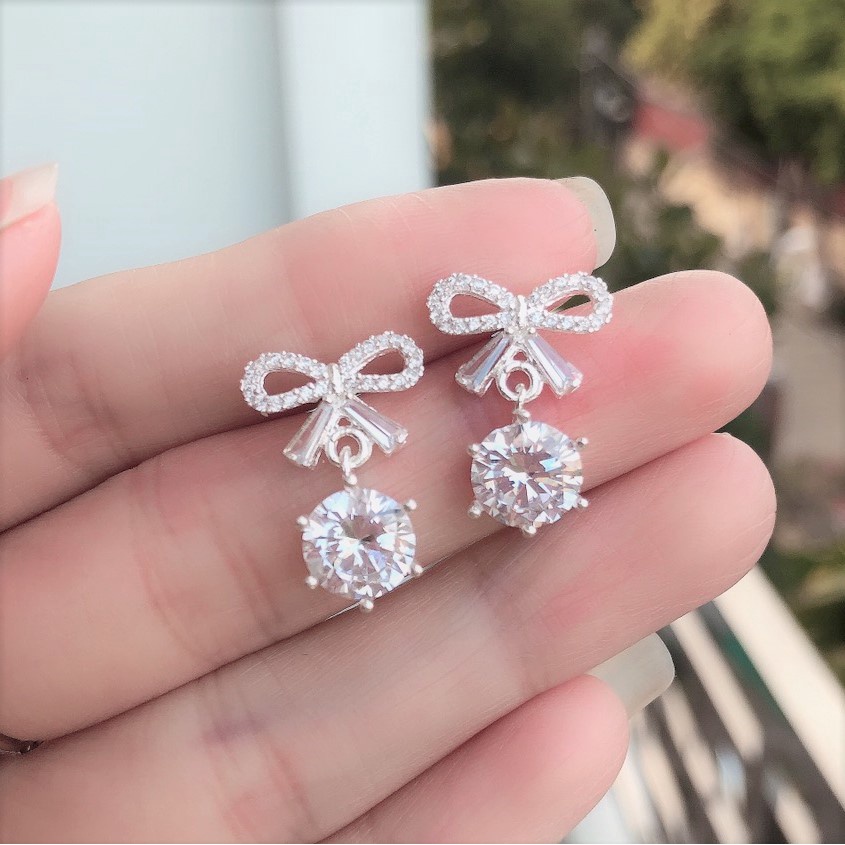 Bông tai bạc hình nơ đính đá li to, chất liệu bạc ta sang trọng nữ tính - Trang sức bạc Evasilver
