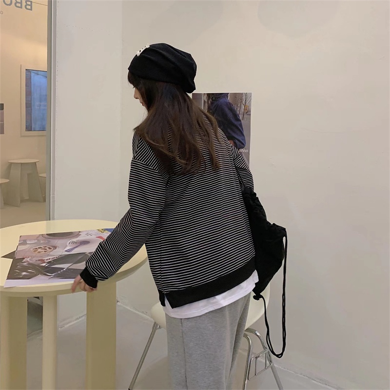 Áo sweatshirt SUXI tay dài họa tiết kẻ sọc phong cách Hàn Quốc thời trang mới