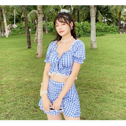 BỘ ĐỒ BƯƠI NỮ 2 MẢNH KẺ CARO  PHỐI REN  RÚT DÂY NỮ TÍNH