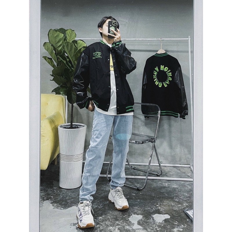 ÁO BOMBER KAKI PHỐI TAY DA THÊU CHỮ F FORM UNISEX (hình chụp thật)