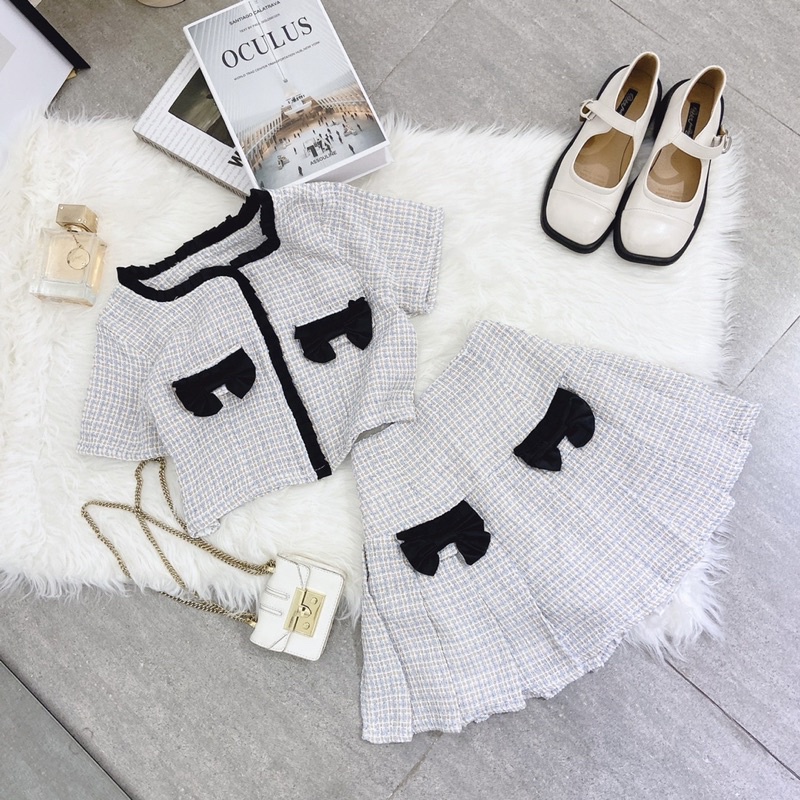 SET ÁO DẠ CARO NHÍ ĐÍNH NƠ ĐEN VIỀN REN ĐEN + CHÂN VÁY XẾP LY ĐÍNH NƠ ĐEN