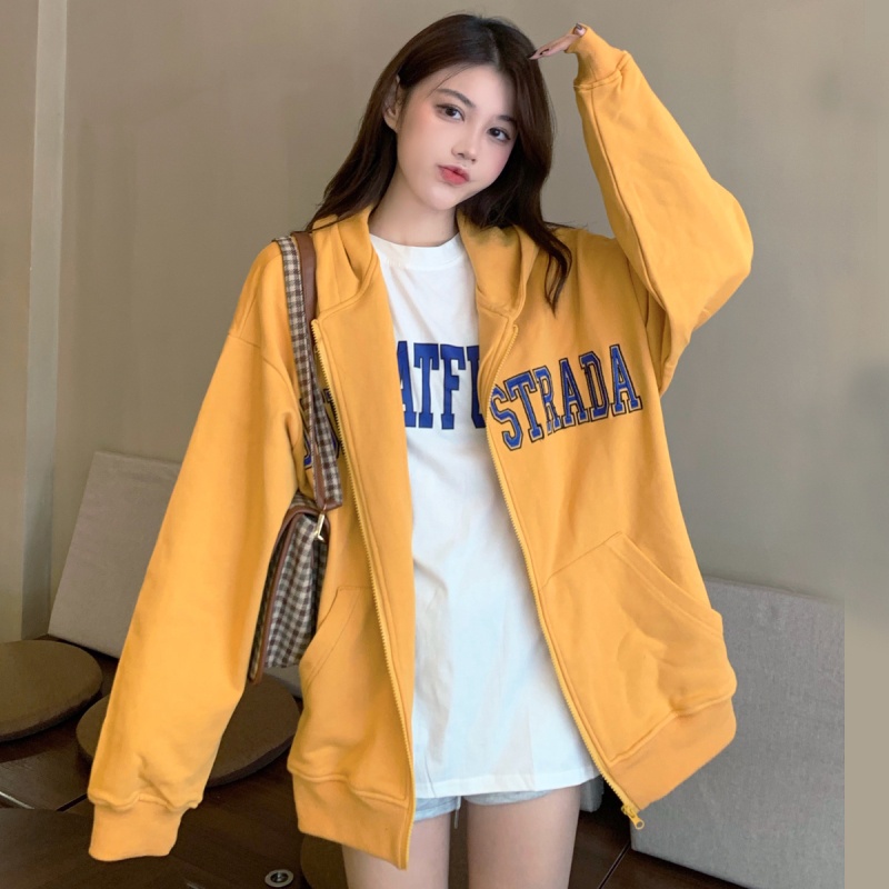 SUXI Áo Hoodie Dáng Rộng Dây Khóa Kéo Thêu Họa Tiết Phong Cách Hàn Quốc Dành Cho Bạn Nữ