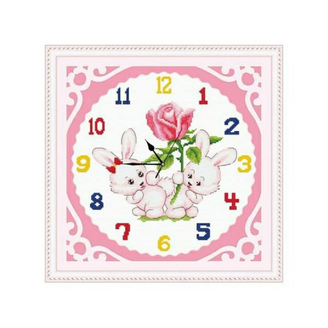 Tranh thêu chữ thập đồng hồ hoạt hình thỏ hoa hồng DLH-A1071