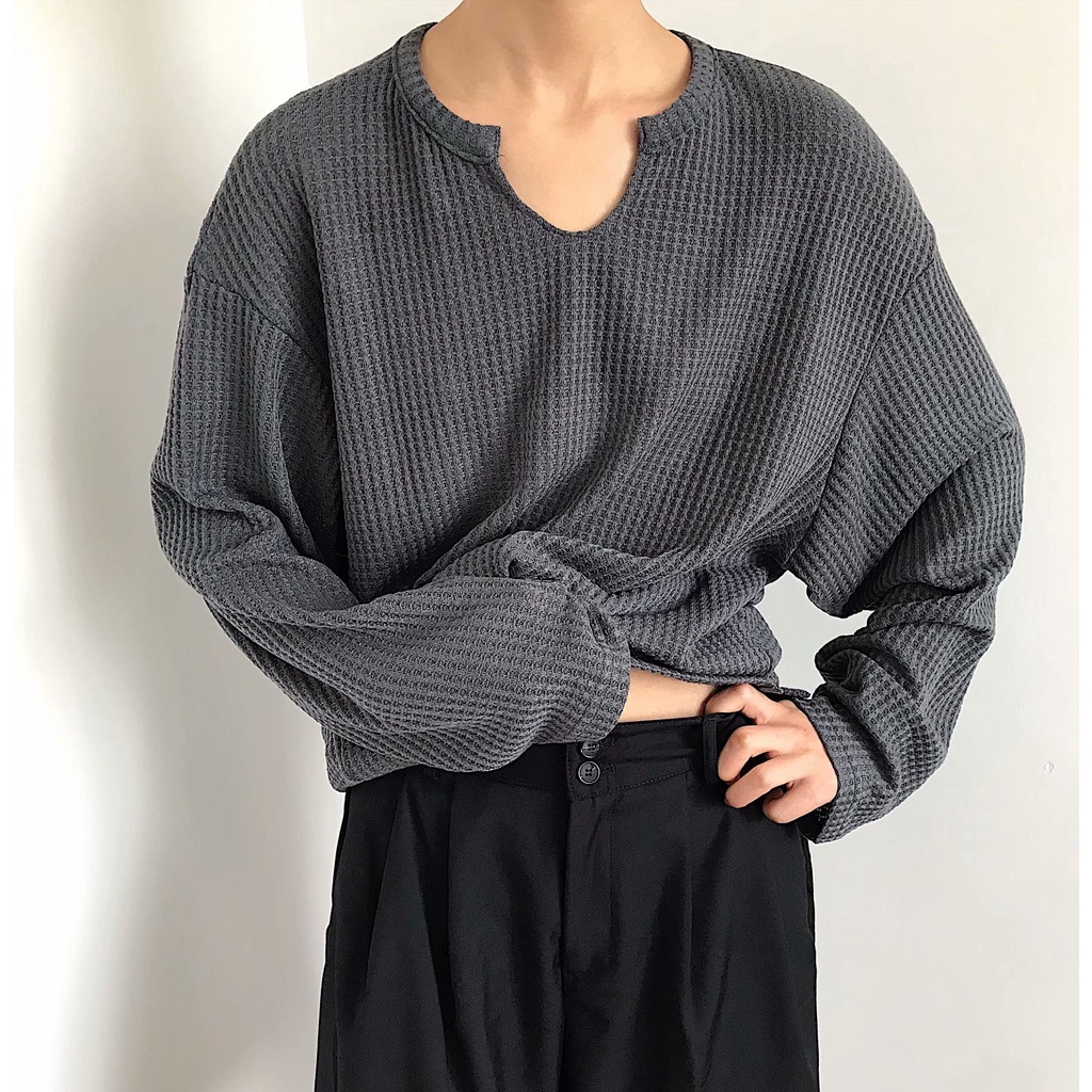Áo thun unisex vải dệt kim tay dài cổ chữ V thiết kế trẻ trung đơn giản phong cách Hàn Quốc cho các cặp đôi