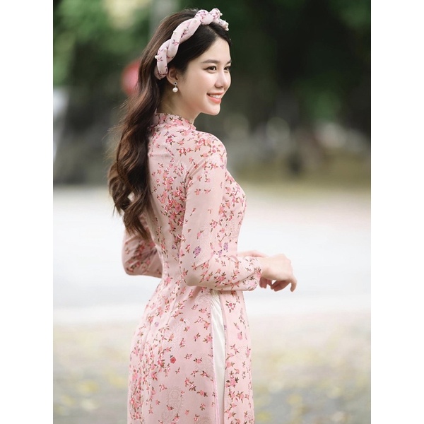 Áo Dài Hoa Nhí 4 Tà- Áo dài voan tơ 2 tone màu kèm quần