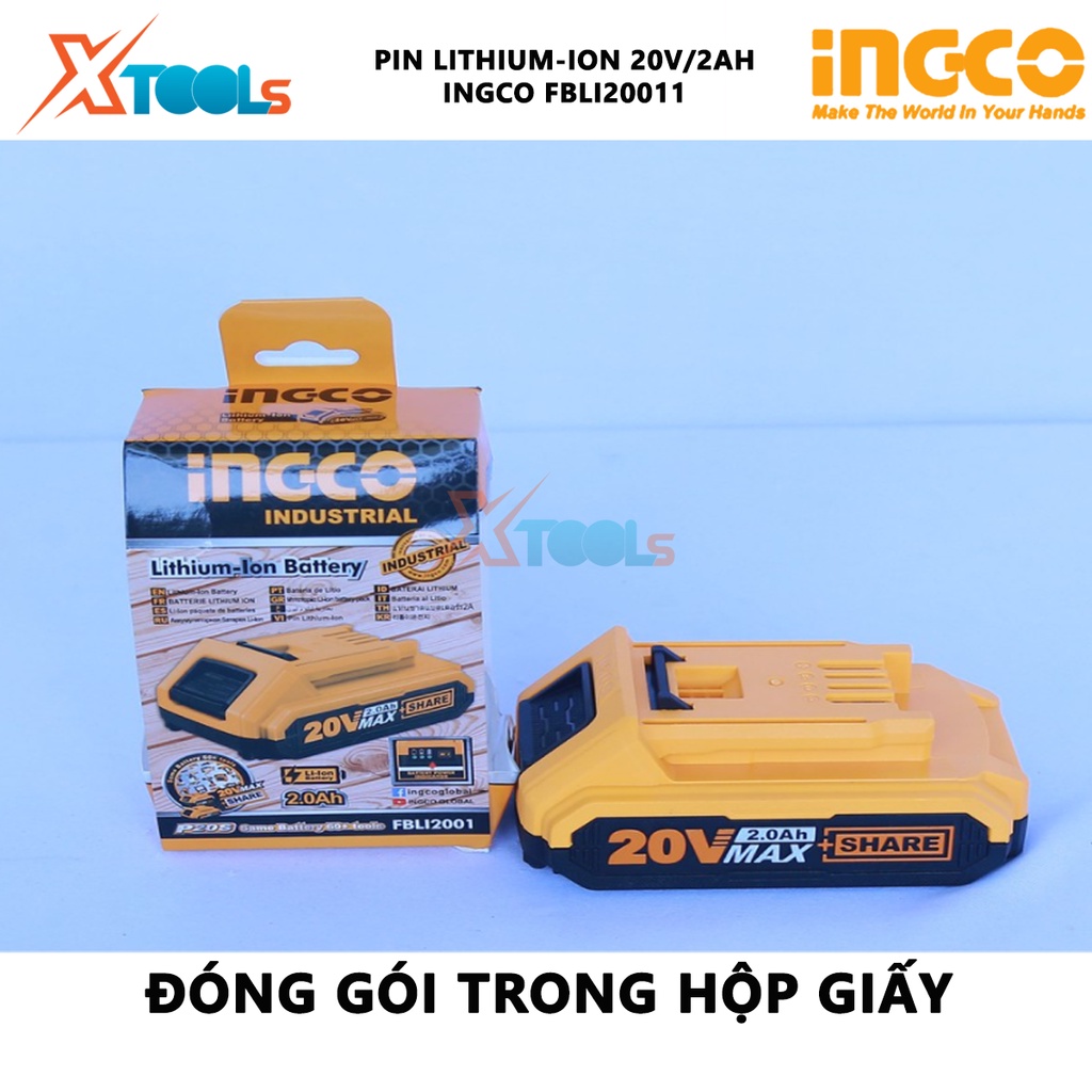 Pin Lithium-Ion INGCO FBLI20011 | pin sạc Lithium dung lượng pin 20V/ 2.0Ah phù hợp cho nhiều loại máy Ingco 20V dùng để