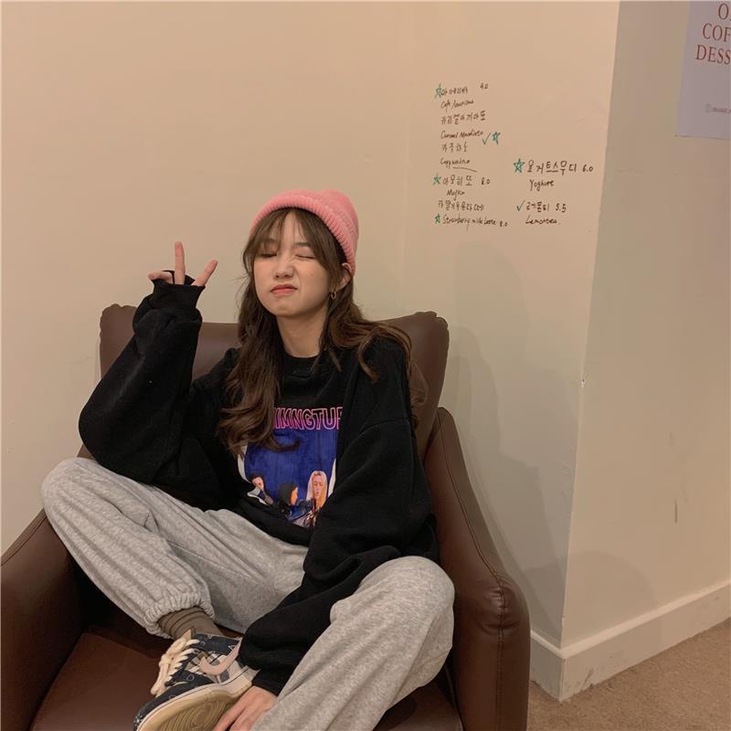 Áo khoác hoodie tay dài dáng rộng in họa tiết phong cách Hàn Quốc cho nữ 【77】