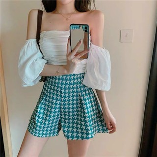 Áo Croptop Trễ Vai Nhún Tay Phồng Có Bo Thun Sau Tuyết's House F9-4