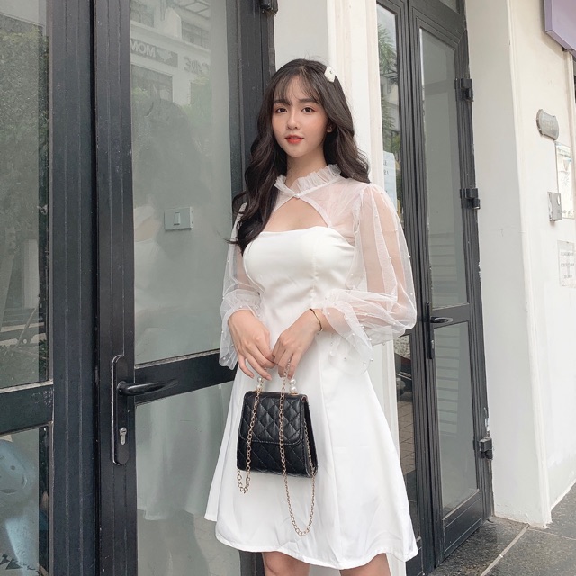 [Mã FAGREEN245 giảm 10% tối đa 30K đơn 99K] đầm khoét ngực tay voan đính ngọc Đầm dự tiệc Jna Official