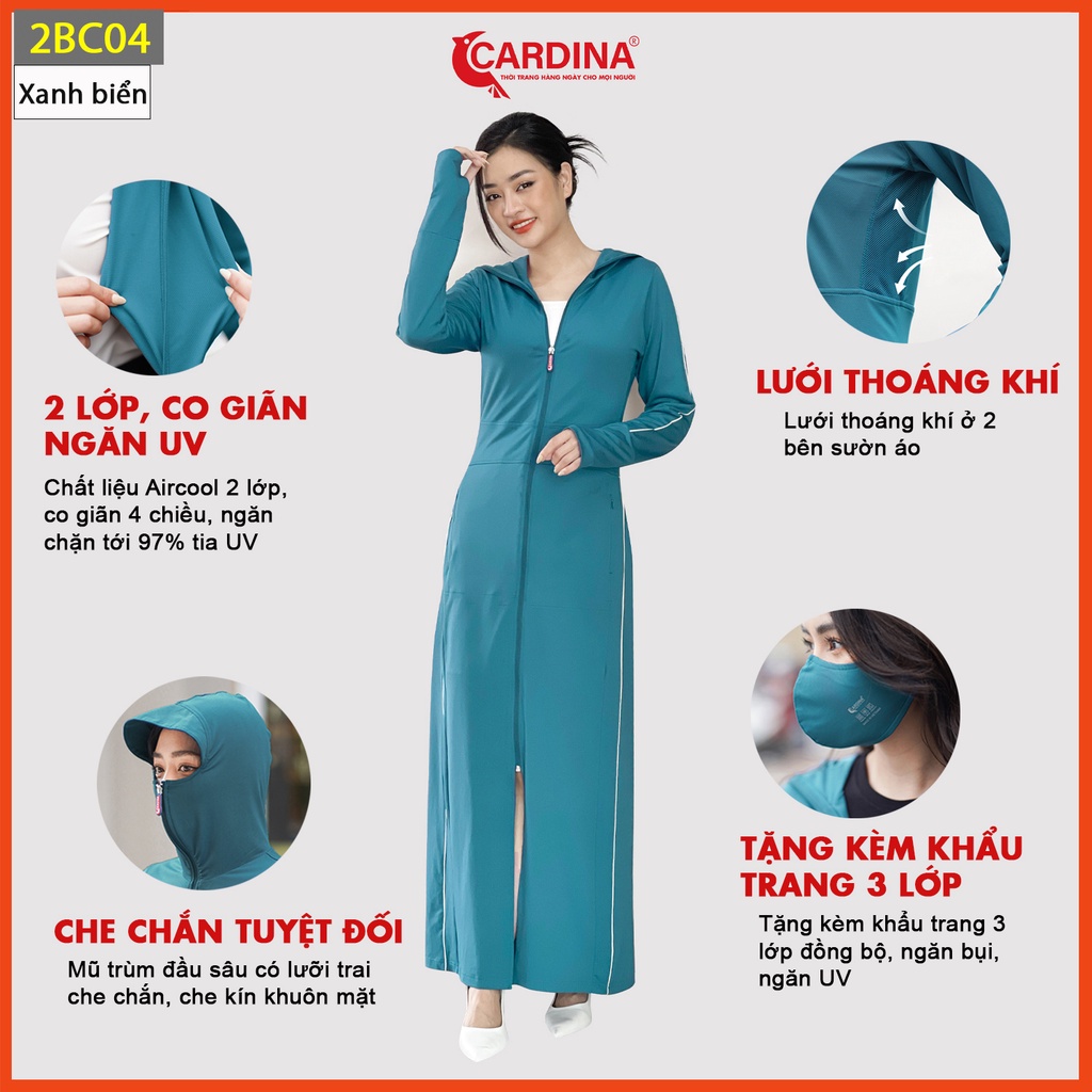 Áo chống nắng nữ CARDINA 2 lớp dáng dài liền thân chất thun lạnh Nhật cao cấp viền thể thao chống tia UV 2BC