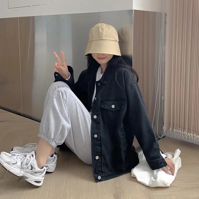 Áo Khoác Jean Dài Tay Màu Đen, Áo Denim Bò Có Cổ Cài Cúc Loại 1 Hàng Quảng Châu Phong Cách Ulzzang Cá Tính Basic
