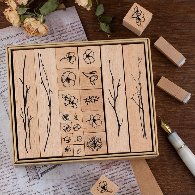 Bộ 20 con dấu gỗ Flower wooden stamp trang trí sổ tay vintage style | BDD027