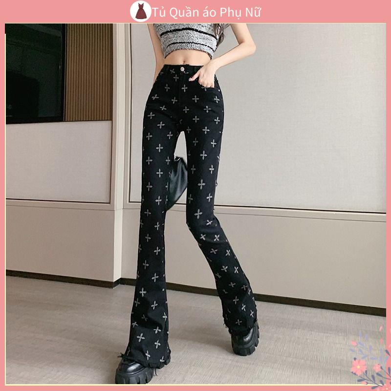 Qu gotn jean > Su Ng n > L > L > Quần Denim Ống Loe Lưng cao In Họa Tiết Chéo Thời Trang Mùa Hè 2022 Dành Cho Bạn Nữ