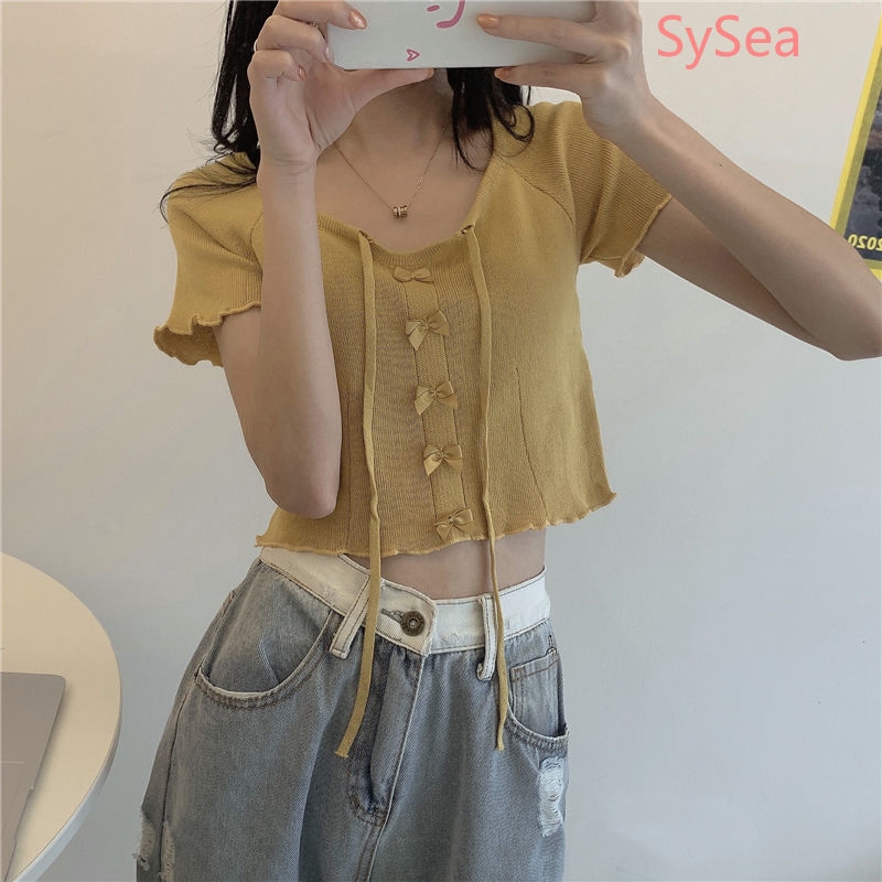 Women's Drawstring Bow Knit Short Sleeve Croptop