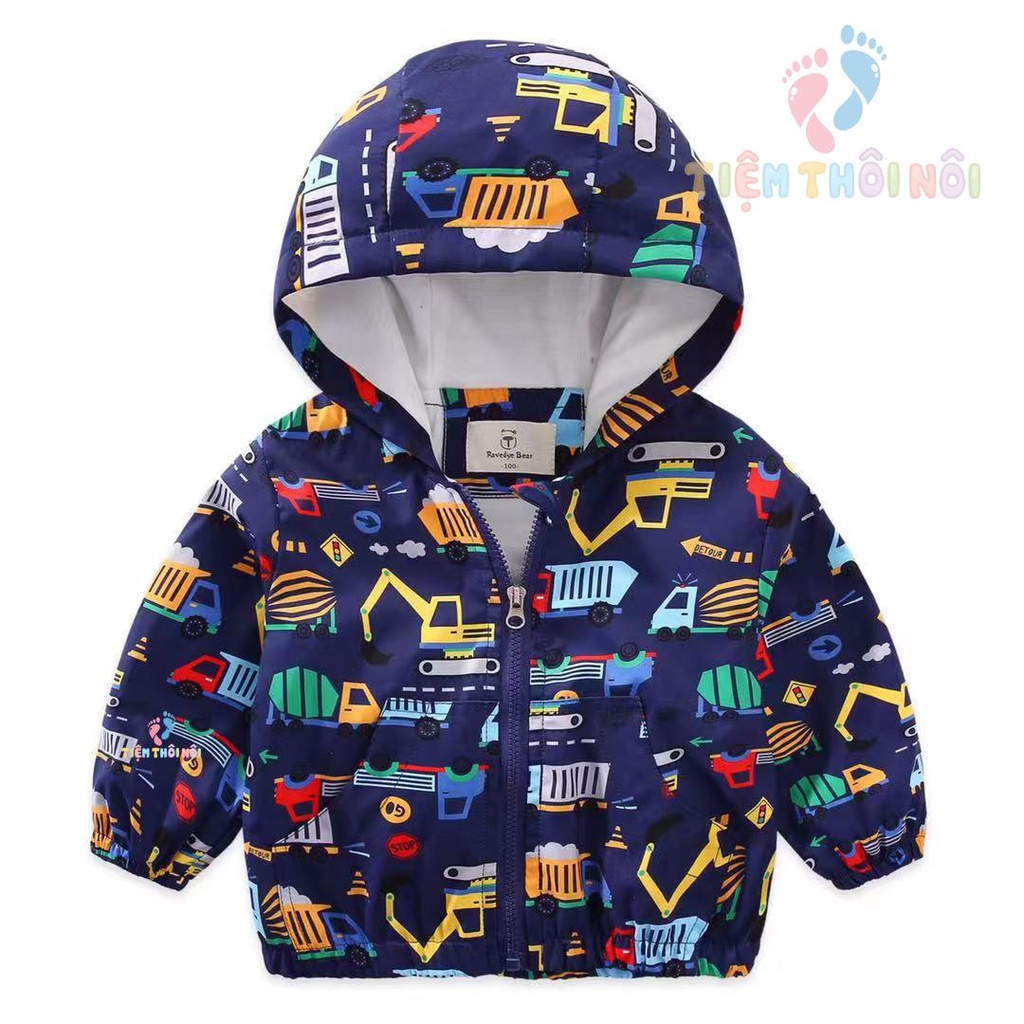 Áo Gió Hai Lớp Khóa Kéo Họa Tiết Khủng Long, Oto Có Mũ Cho Bé Trai