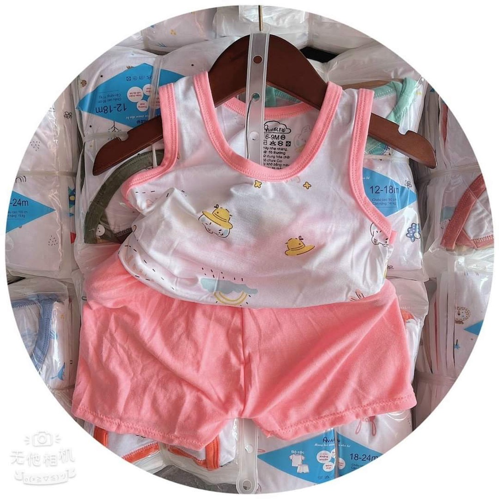 Bộ ba lỗ Avaslew túi zip áo trắng quần màu, cotton lạnh co giãn 4 chiều mềm mịn thoáng mát cho bé (6-16kg)