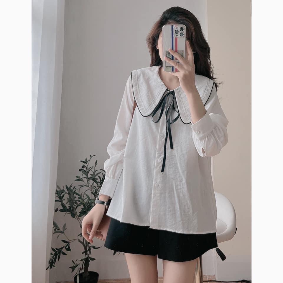 Ảnh thật/video - Áo sơ mi cổ viền chỉ phối nơ cổ