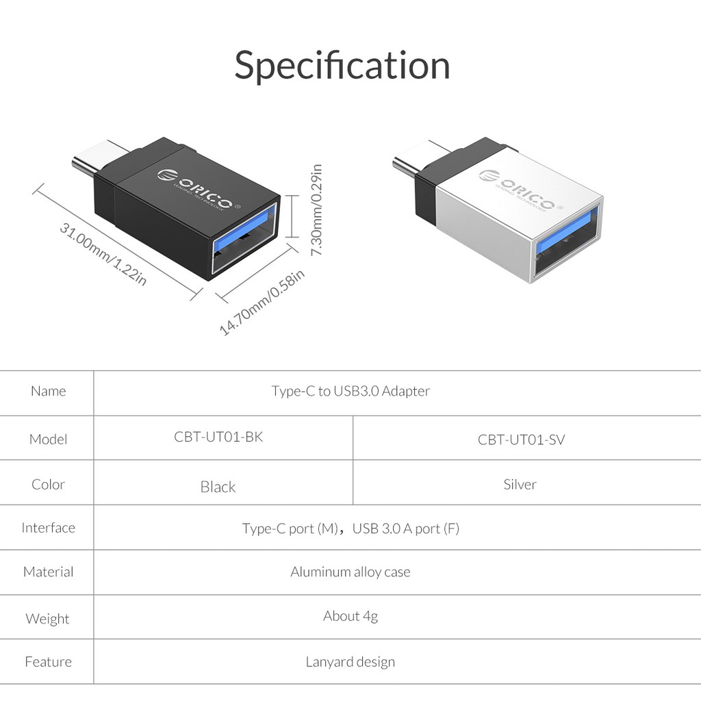 Đầu chuyển OTG Type-C sang USB 3.0 ORICO UT01 UT02 vỏ kim loại | Type-C to USB-A adapter