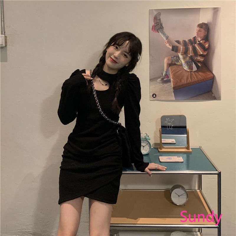 Đầm Dài Tay Màu Trơn Thời Trang Mùa Thu Quyến Rũ Giản Dị Dành Cho Nữ