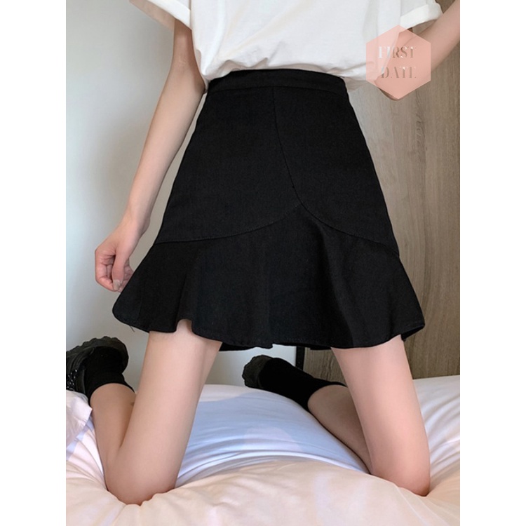 Chân váy chữ A chân váy xòe FIRST DATE gợn sóng chân váy đuôi cá mùa hè cạp cao màu đen trắng
