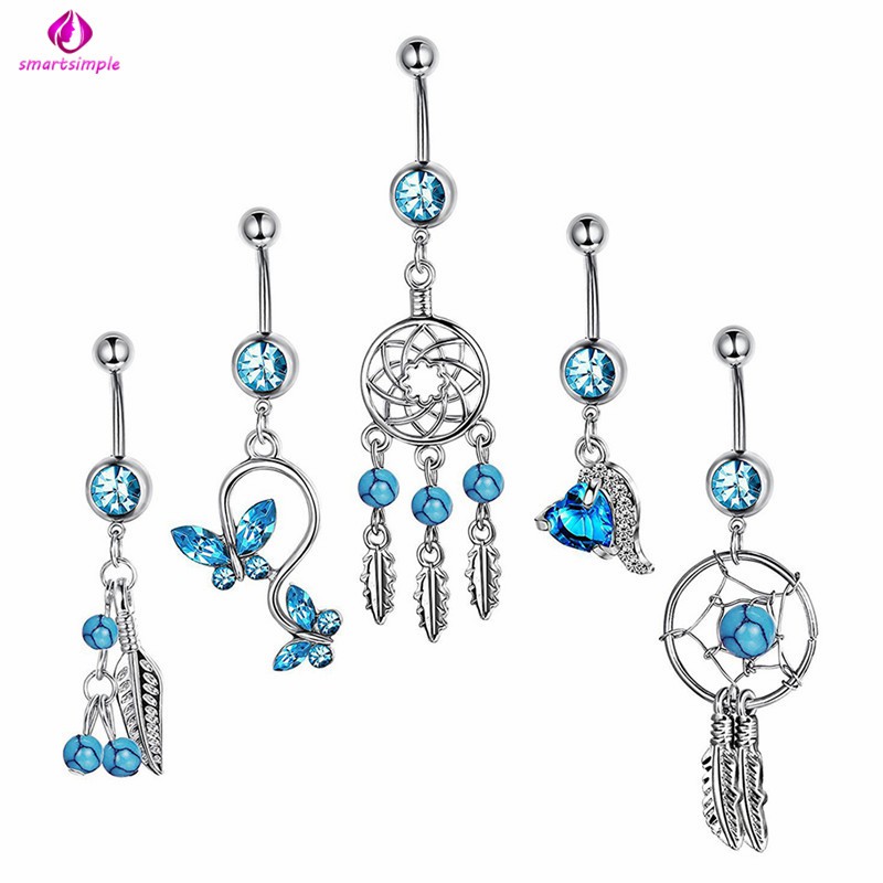 Set 5 khuyên rốn cơ thể đính zircon màu xanh lam thiết kế nghệ thuật tinh tế