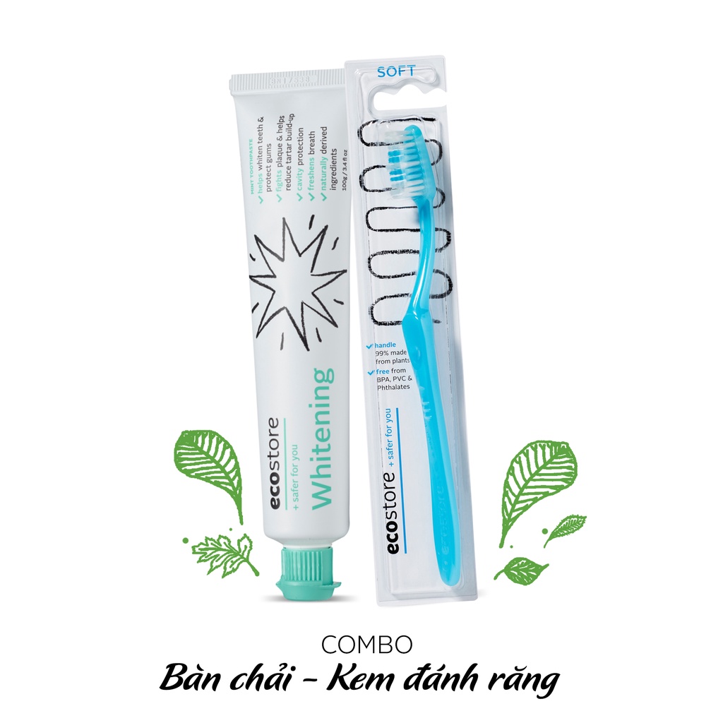 Ecostore Combo kem đánh răng trắng răng + bàn chải đánh răng gốc thực vật (nhiều lựa chọn)