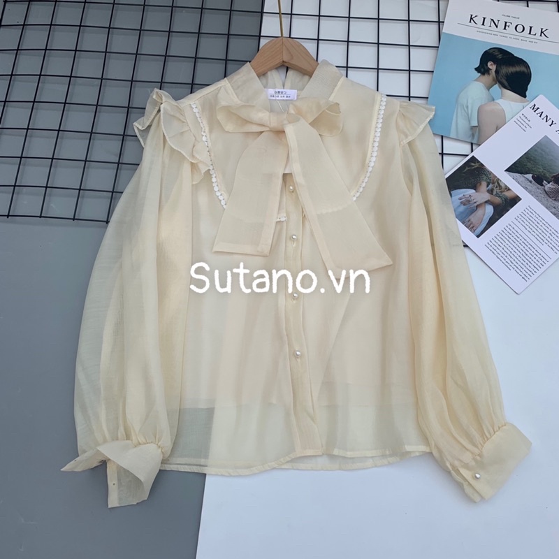 Áo sơ mi nữ 2 lớp cúc ngọc voan phối ren sang chảnh cao cấp A583 SUTANO