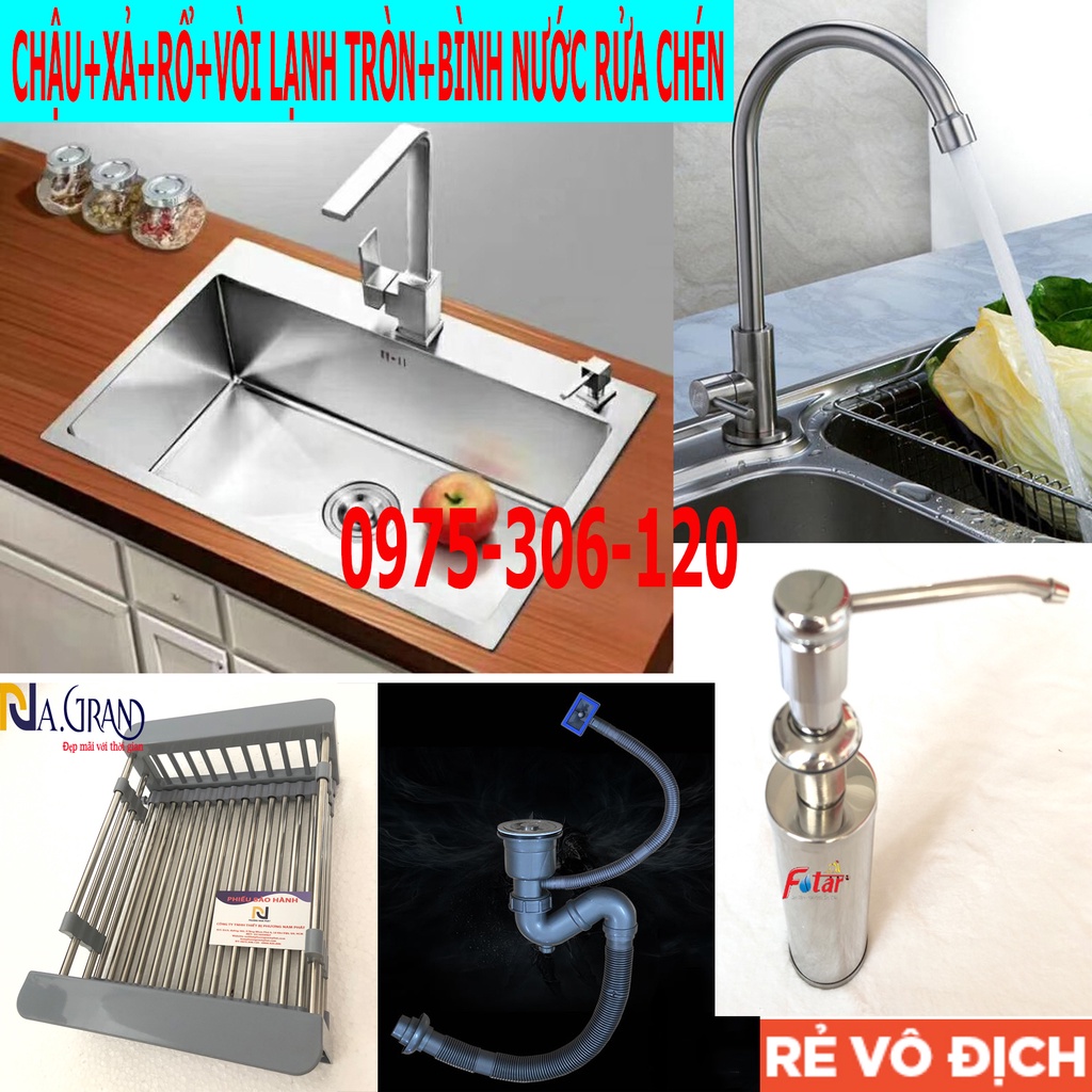 [CHẬU ĐÚC] Combo Chậu Rửa Chén Bát INOX SUS 304 N17 6045 NA.GRAND và Xả và Rổ và Vòi chén Lạnh và Bình rửa chenn