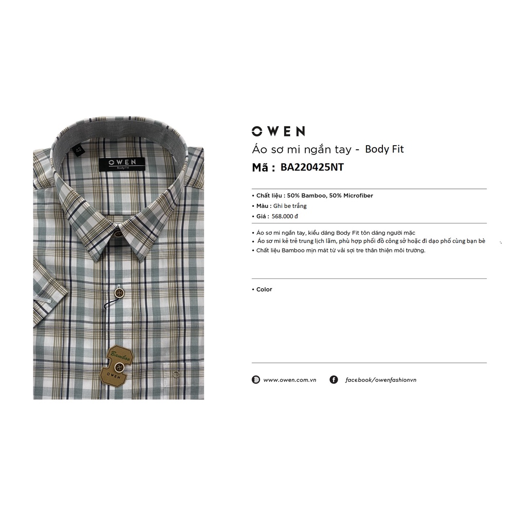 Áo Sơ Mi Nam Ngắn Tay Owen BA220425NT Somi Công Sở Cao Cấp Màu Trắng Caro Ghi Be Vải Sợi Tre Mềm Mát Dáng Suông Tà Bằng