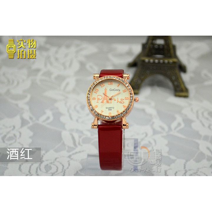 Đồng hồ nữ Gogoey Korea G4 dây da viền đính đá nhân tạo + Tặng kèm hộp và Pin dự phòng AH466