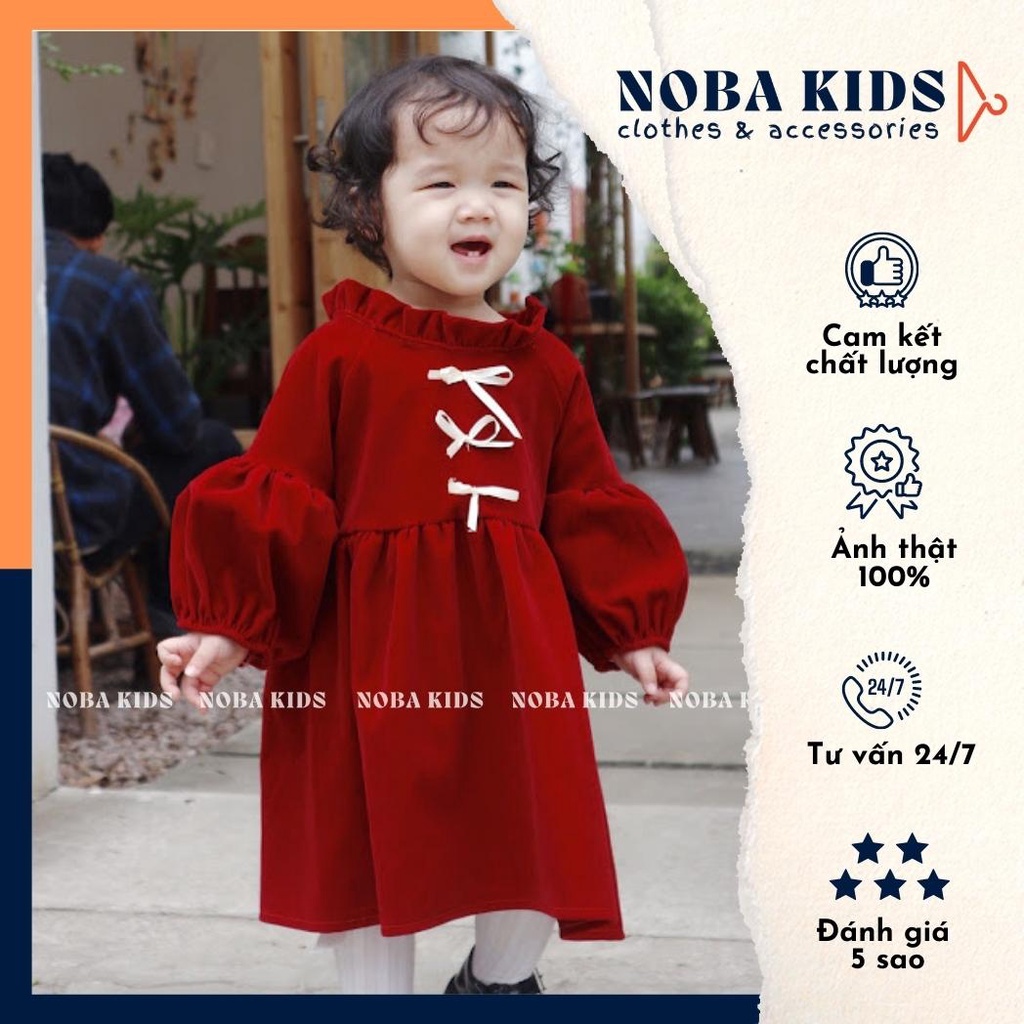 Váy Nhung Đỏ Cho Bé Gái Đính Nơ Siêu Xinh Đầm Đỏ Cho Bé Diện Tết - Noba Kids