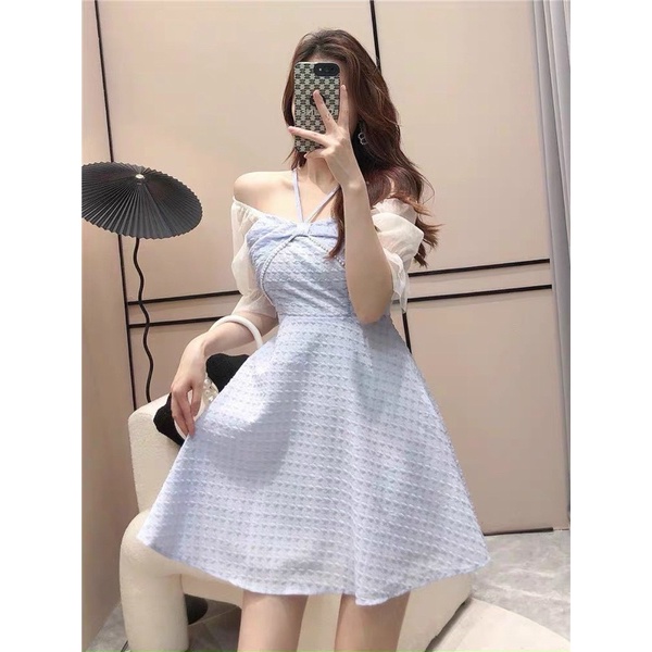 ĐẦM XANH NƠ NGỰC DÂY CHÉO CỔ TAY PHỐI KEM