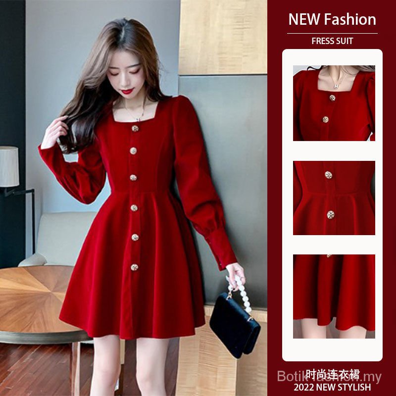 Đầm Tay Dài Cổ Vuông Form Ôm Thời Trang Pháp Cho Nữ