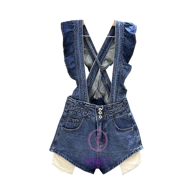 Angelcity Quần Yếm Denim Ngắn Ống Rộng Mỏng Màu Xanh Dương Thời Trang Mùa Hè 2022 Mới Dành Cho Bạn Nữ