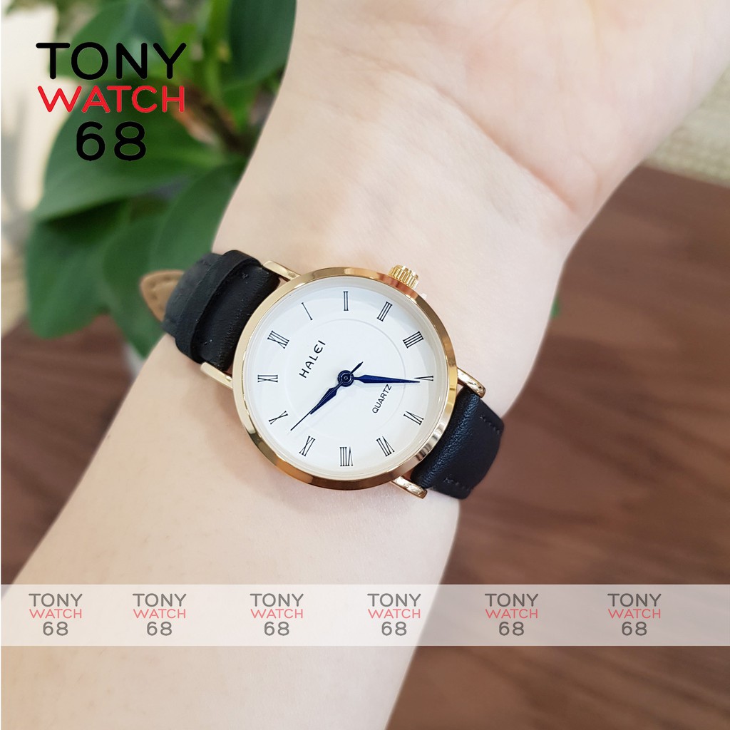 Đồng hồ cặp đôi nam nữ Halei kim xanh mặt trắng dây da nâu chính hãng Tony Watch 68