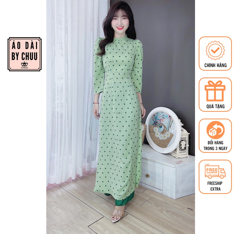 ☒Áo dài cách tân họa tiết chấm bi tay phồng cổ xếp li xinh xắn không kèm quần CHUU AD8010