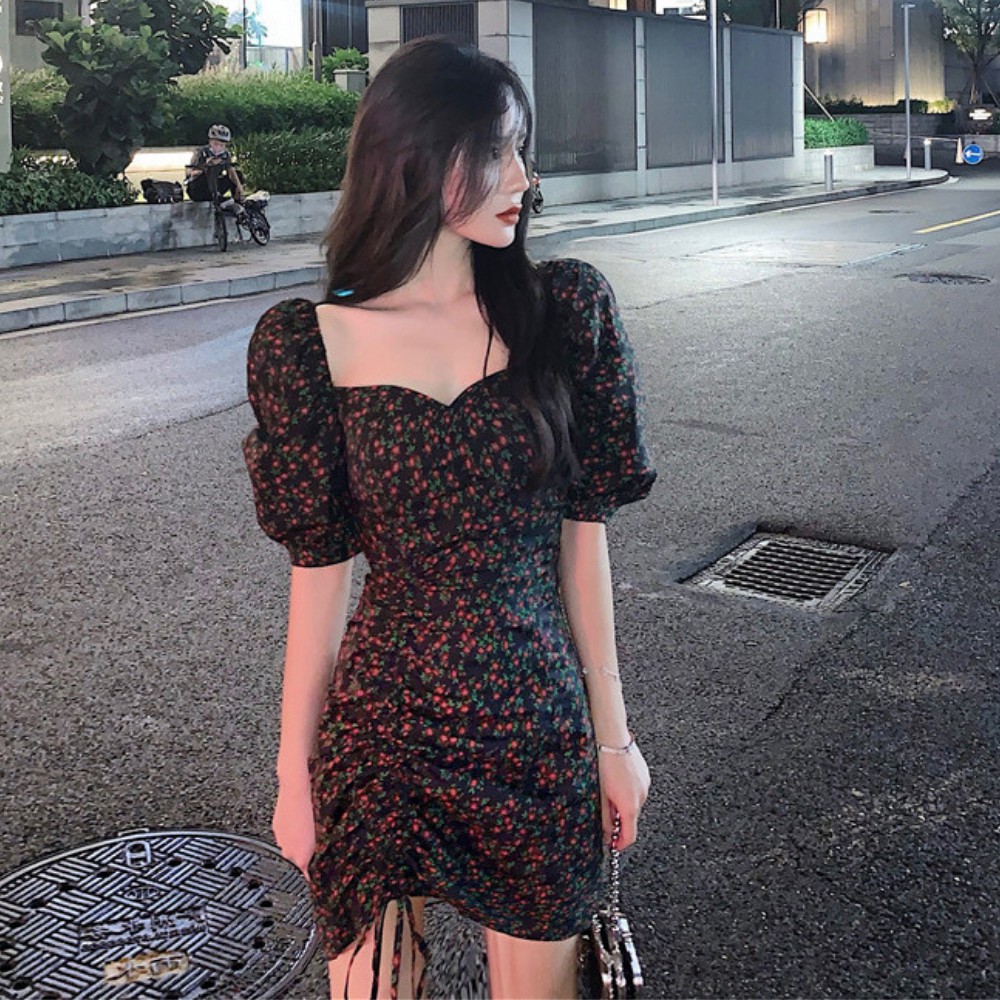 Đầm nữ , đầm hoa tay phồng cổ vuông phối dây rút thời trang Vintage dành cho nữ ATILA SHOP | BigBuy360 - bigbuy360.vn