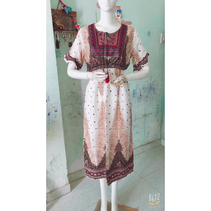 [Mã WAMT1505 giảm 10K đơn 0K] Đầm lanh lụa thêu thổ cẩm có tay (48-65ký) | BigBuy360 - bigbuy360.vn