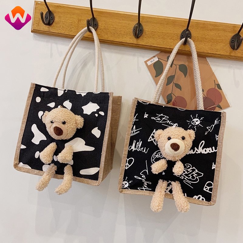 Túi Vải canvas Có In Hình Gấu Dễ Thương Phong Cách Cho Nữ