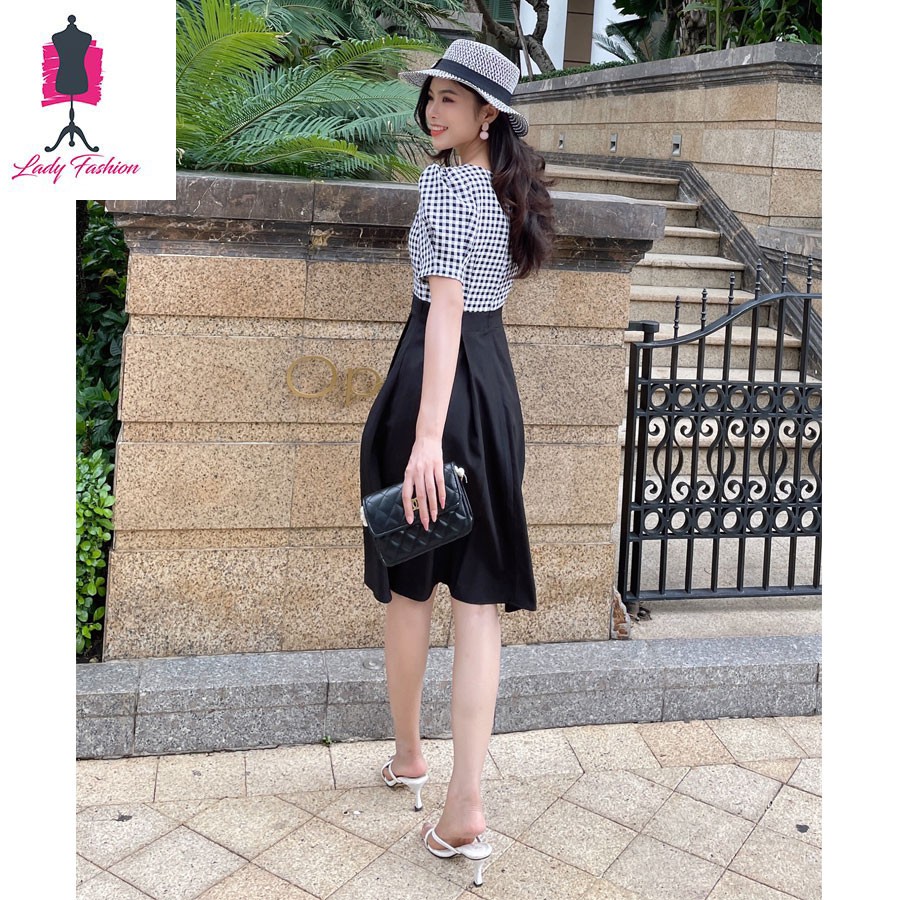 Đầm xòe phối Caro trẻ trung-DAM38