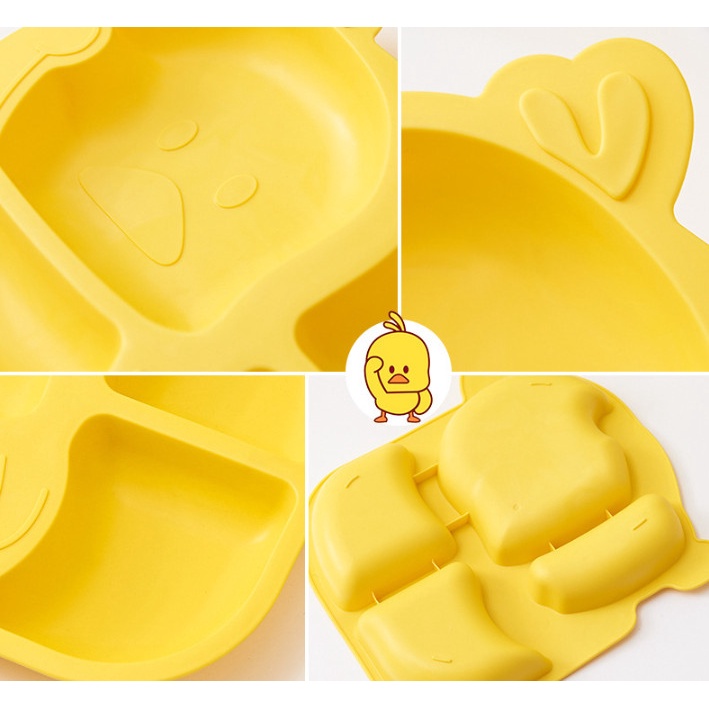 Combo Khay Ăn Dặm Cho Bé + Cốc Uống Nước + Bát Ăn Dặm Kèm Thìa Dĩa Hình Vịt Vàng Đáng Yêu Giúp Trẻ Em Tập Ăn BLW 4 Ngăn