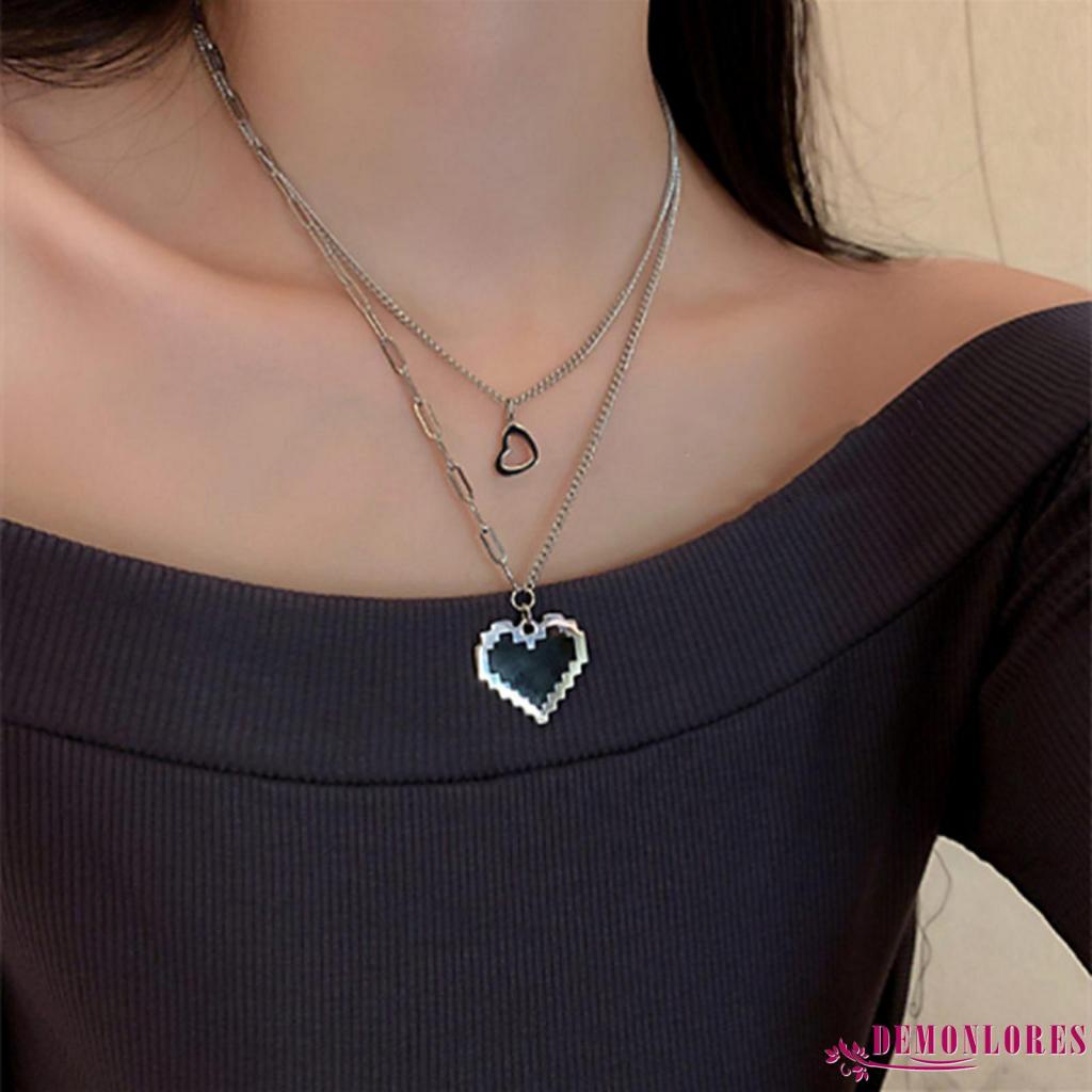 Dây Chuyền Mặt Hình Trái Tim Khảm Họa Tiết Mosaic Màu Đen Phong Cách Hip Hop Thời Trang Cho Nữ