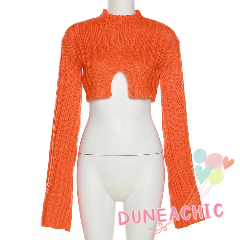DUNEA Áo Sweater Dệt Kim Tay Loe Cổ Tròn Thiết Kế Quyến Rũ Cho Nữ