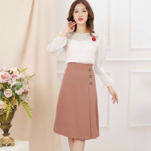 [ Mã FAGREEN55 giảm 10% tối đa 30K đơn 99K] Chân váy chữ A xếp ly, Đính 3 khuy